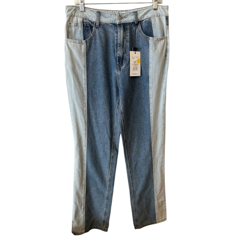 Forever 21 Two-Tone Non-Stretch Denim High Rise Straight Leg Mom Jeans
